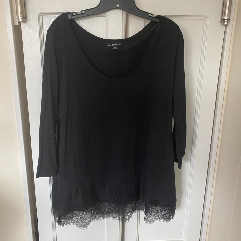 Like New- Lane Bryant black 3/4 sleeve t-shirt with lace around the bottom